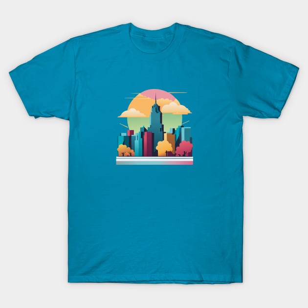 t-shirt design, colorful city skyline with buildings and clouds, vector art T-Shirt by goingplaces